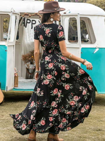 Printed V-Neck Short Sleeve Dress DJPT